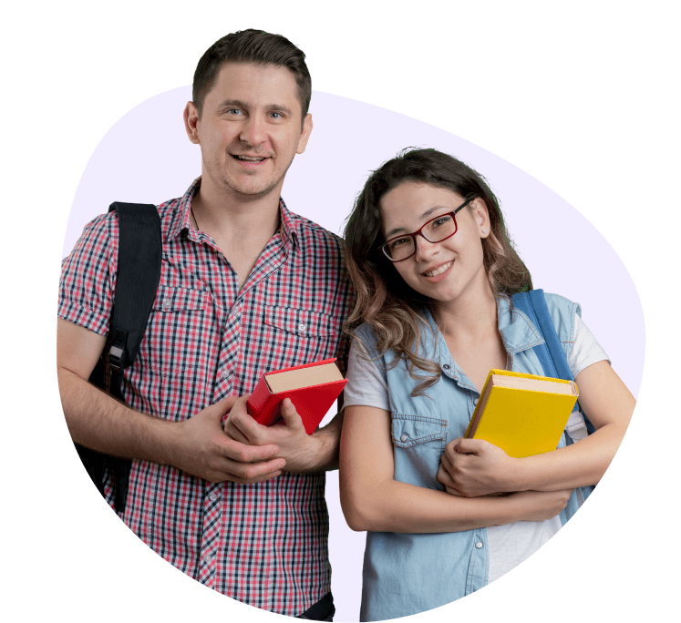 Two students smiling with backpacks and books
